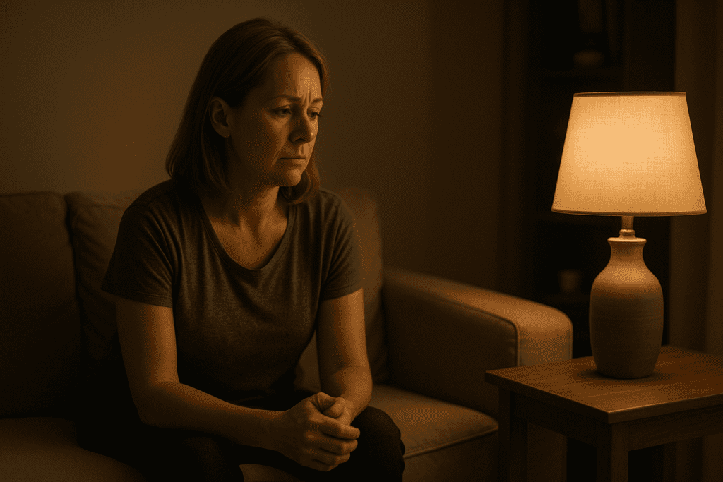 How to Reverse 20 Years of Arterial Plaque Naturally: Evidence-Based Strategies for Heart Health 1 A middle-aged woman with short brown hair sits alone on a beige sofa in a dimly lit living room, her thoughtful gaze directed at a softly glowing table lamp. The warm ambient light creates a cozy, introspective atmosphere, suggesting deep reflection on adopting lifestyle changes to reverse atherosclerosis naturally.