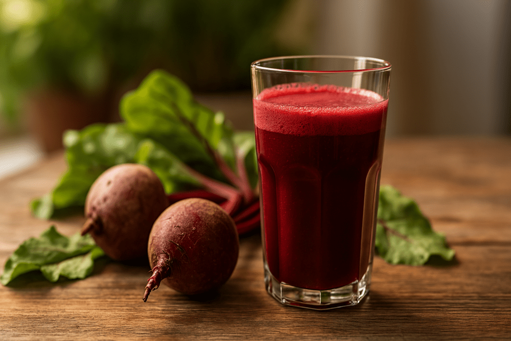 How to Reverse 20 Years of Arterial Plaque Naturally: Evidence-Based Strategies for Heart Health 2 A tall, cylindrical glass filled with dark red beet juice, topped with a thin layer of foam, sits on a rustic wooden table. Fresh beets and green leaves are scattered around the glass, with natural sunlight streaming in from the side, highlighting the rich color of the juice and emphasizing its role in boosting nitric oxide production and improving arterial health.