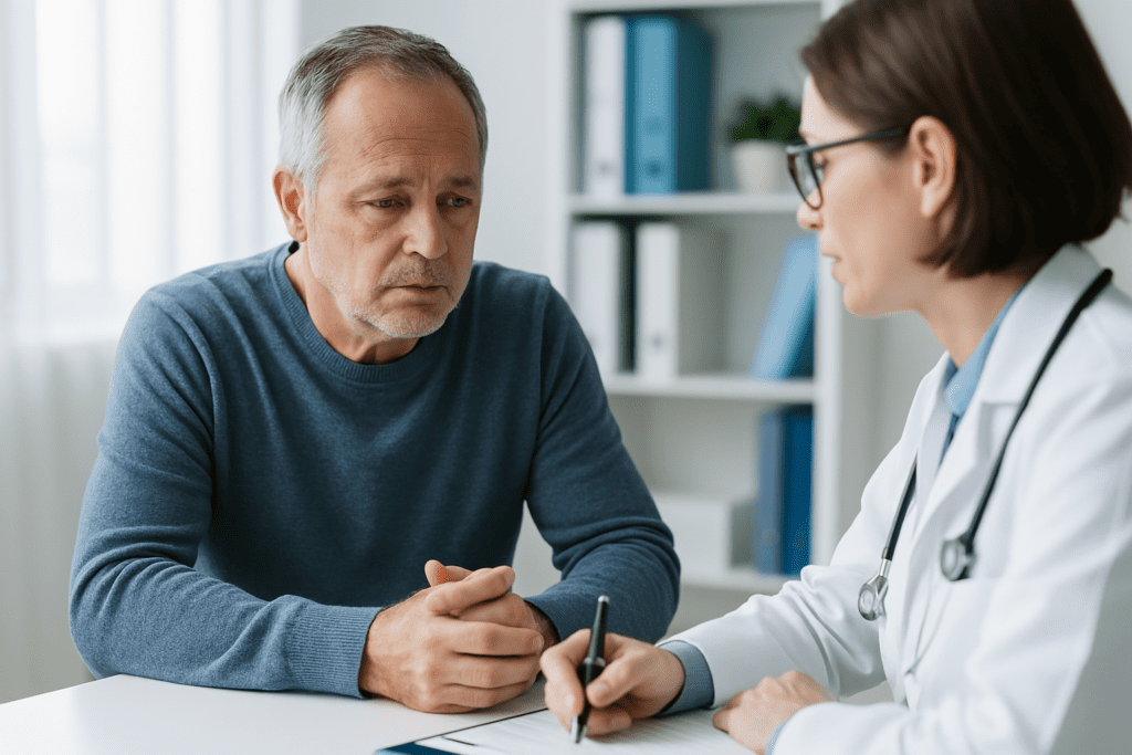 How to Reverse 20 Years of Arterial Plaque Naturally: Evidence-Based Strategies for Heart Health 3 A middle-aged man with a serious and attentive expression sits across from a female doctor during a medical consultation in a well-lit clinical setting. The doctor, dressed in a white lab coat and holding a pen, explains strategies to reverse clogged arteries naturally, while the neutral-colored room reflects a calm, focused atmosphere conducive to discussing heart health.