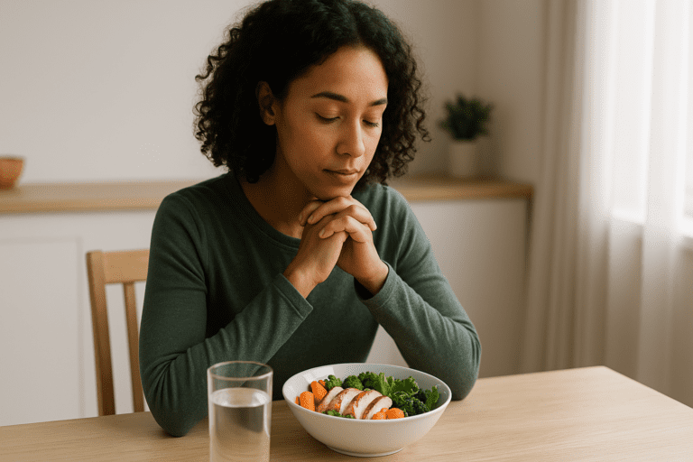 A young woman with curly hair, seated at a wooden table in a minimalist kitchen, with hands clasped in quiet reflection over a healthy meal of grilled chicken, vegetables, and a glass of water. Sunlight streams through a nearby window, casting soft natural light on her thoughtful expression.