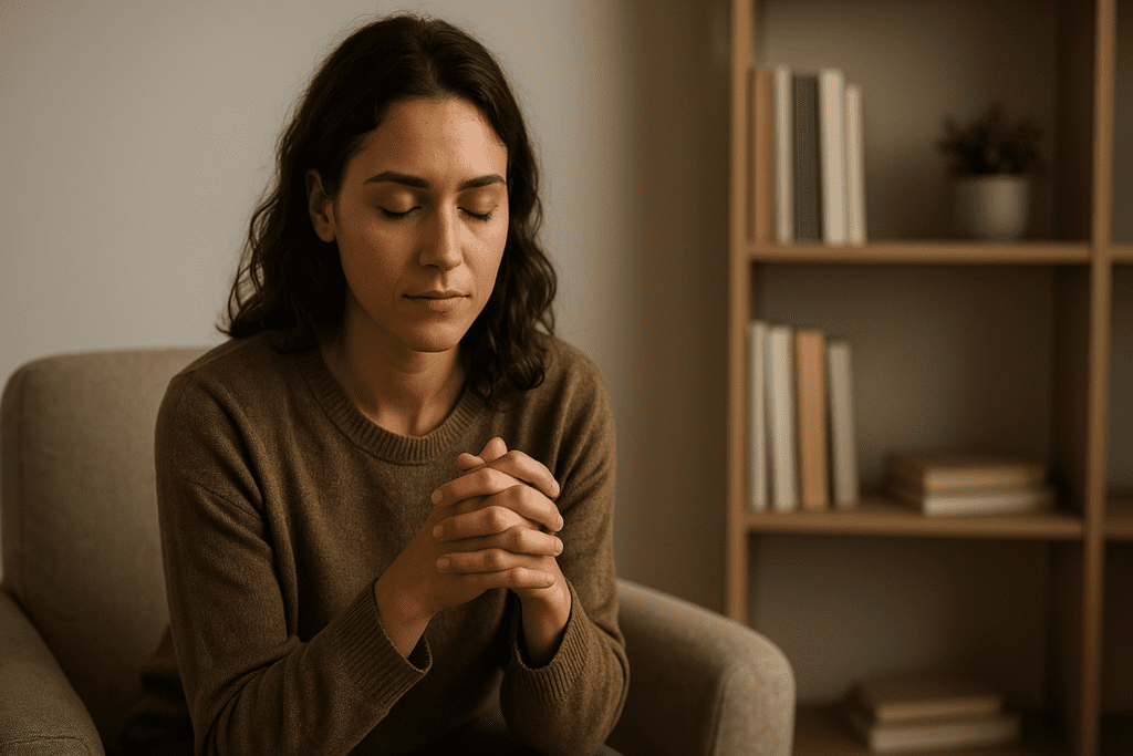 Healthy Meal Plans Made Simple: How to Build a Weekly Menu That Supports Long-Term Wellness and Balanced Nutrition 1 A woman in her mid-twenties, sitting quietly in a cozy therapy room with her hands clasped, eyes closed, and a serene expression. She is seated in a beige armchair with a wooden bookshelf and a potted plant in the background, bathed in warm ambient lighting.