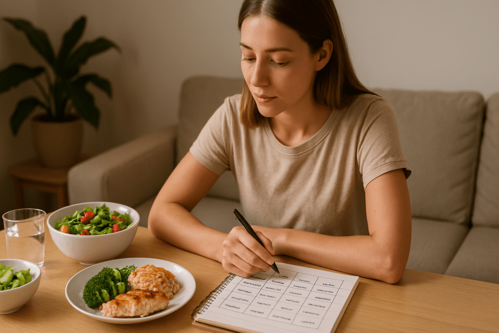 Healthy Meal Plans Made Simple: How to Build a Weekly Menu That Supports Long-Term Wellness and Balanced Nutrition 2 A young woman with long brown hair, sitting at a wooden dining table with a weekly meal plan chart and a pen in her hand. She is focused on her meal plan while surrounded by a healthy plate of grilled chicken, vegetables, and a fresh salad, with a neutral living room backdrop and warm natural lighting.