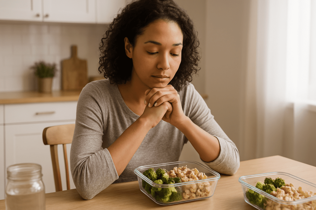 A young woman with light brown skin and curly dark brown hair sits at a dining table with a thoughtful expression. She gazes at a glass container filled with healthy meal prep, with natural light streaming through the kitchen.