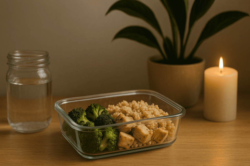 A clear glass meal prep container sits on a wooden surface with two sections containing broccoli and quinoa with grilled chicken. A jar of water, a potted plant, and a softly glowing candle create a cozy ambiance in the background.