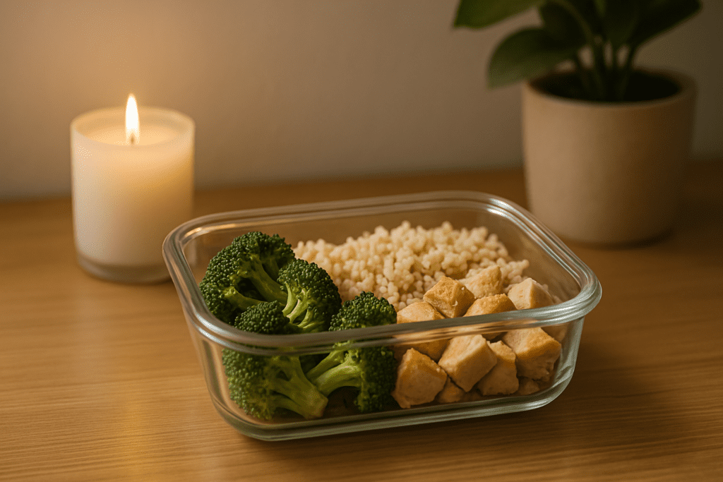A neatly divided glass meal prep container displays steamed broccoli, airy brown rice, and tender chicken breast on a wooden surface. A candle and potted plant add warmth, while soft lighting and a blurred background enhance the calm atmosphere.