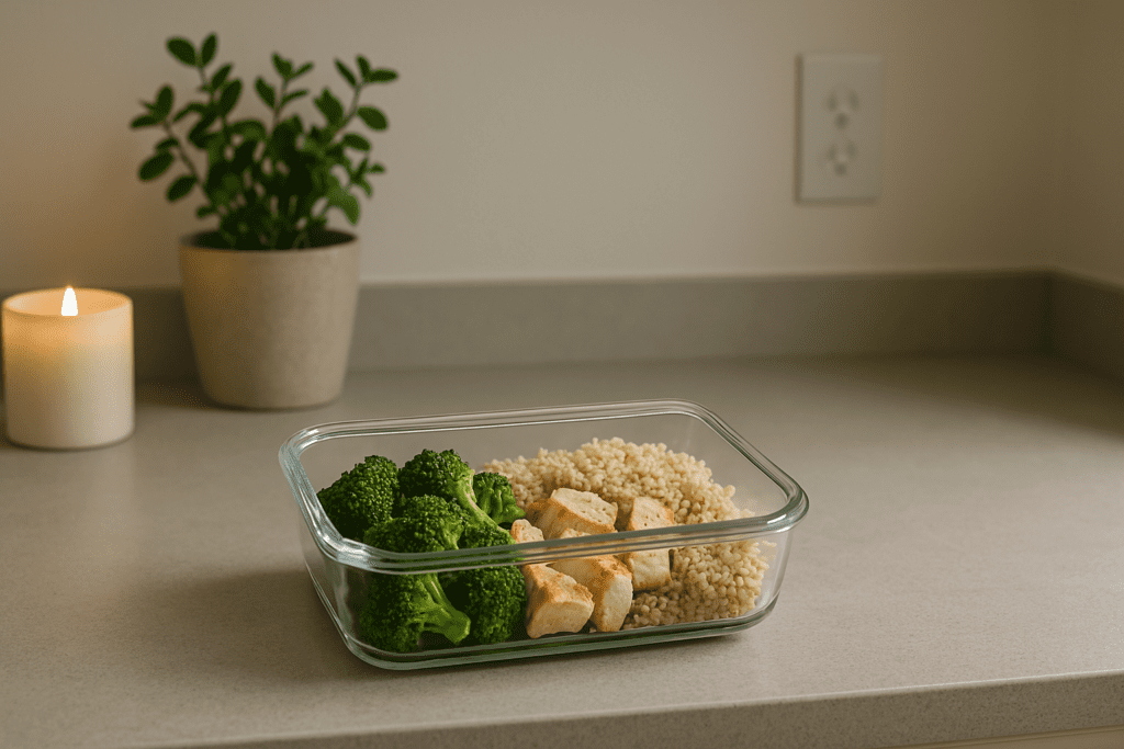 A clean and minimalistic home kitchen displays a prepared glass meal container with vibrant greens, grilled chicken, and quinoa on a countertop. A plant and a softly lit candle add a warm, serene touch to the space.