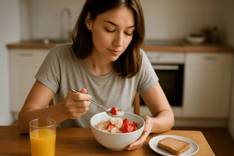 A young woman with shoulder-length brown hair enjoys a bowl of oatmeal with fresh strawberries and bananas at a wooden kitchen table, illuminated by soft natural morning light.