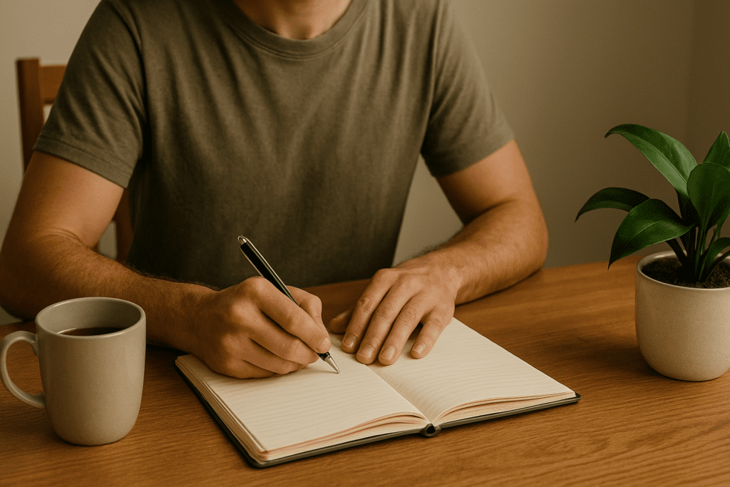 A person in an olive-green T-shirt writes in an open notebook with a pen, sitting at a wooden table accompanied by a mug and a small potted plant.