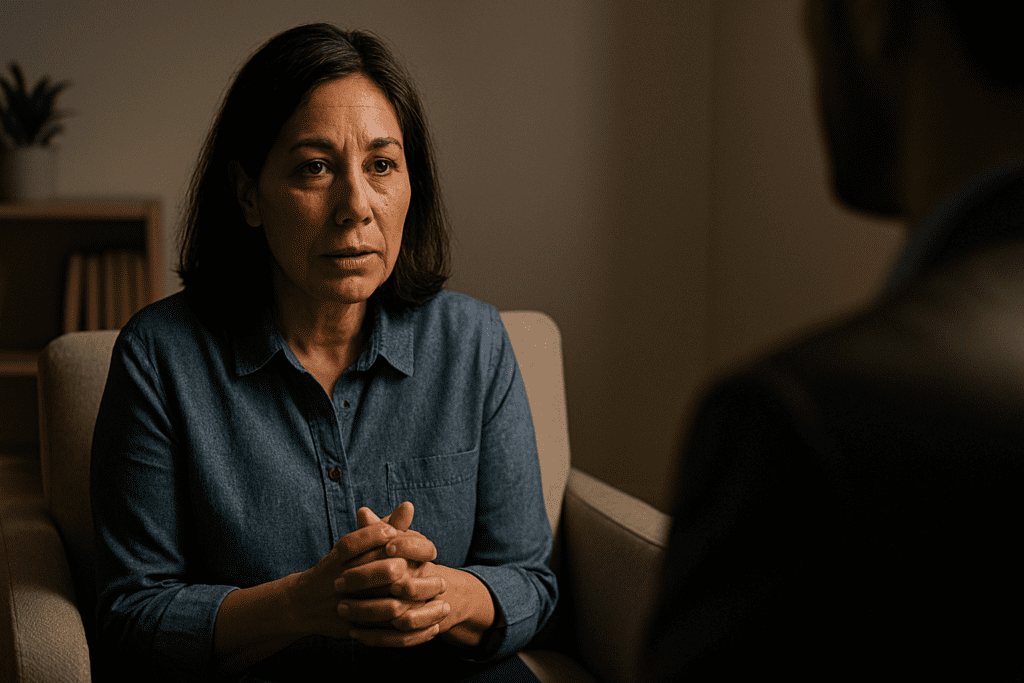 A middle-aged woman with dark brown hair, wearing a chambray shirt, sits in a beige armchair with a thoughtful expression during a therapy session, with a blurred therapist in the foreground.