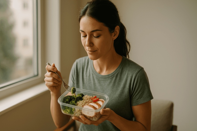 A young woman with light skin and dark hair sits near a bright window, enjoying a healthy meal in a clear container with grilled chicken, quinoa, and broccoli. She looks down at her fork in a calm, minimalist setting with warm natural light highlighting her relaxed expression.