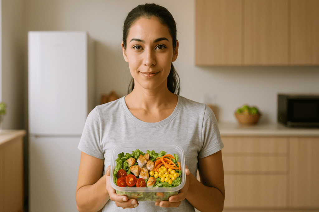 A young woman with light olive skin stands in a modern kitchen, holding a clear container filled with a vibrant salad of fresh greens, grilled chicken, cherry tomatoes, corn, and carrots. She gazes softly at the camera while the neutral kitchen background features wooden cabinets and a bowl of green apples.