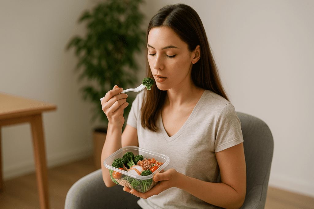 A young woman with long chestnut hair sits in a modern grey chair, holding a clear container of a balanced meal with broccoli, grilled chicken, tomatoes, and grains. She lifts a forkful of broccoli toward her mouth while her calm, focused expression reflects a serene, minimalist room with a wooden table and a large plant.