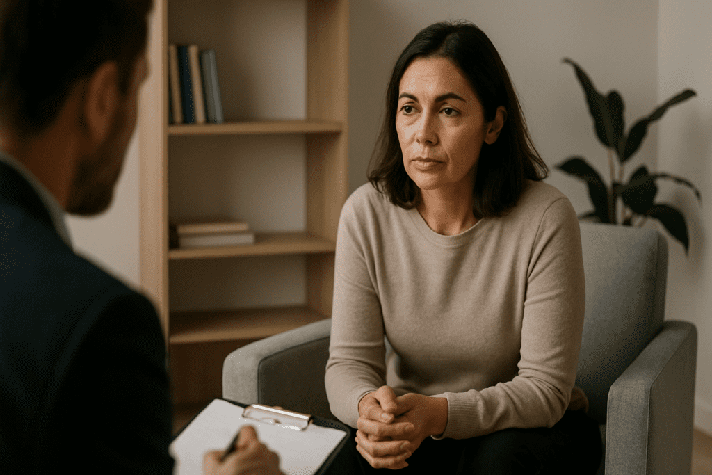 A middle-aged woman with shoulder-length brown hair and light to medium skin tone sits attentively in a modern therapy room. Her hands are folded in her lap as she listens intently, with a calm and serious expression. The room features soft lighting, a neutral palette, and natural decor with shelves and a large plant in the background.