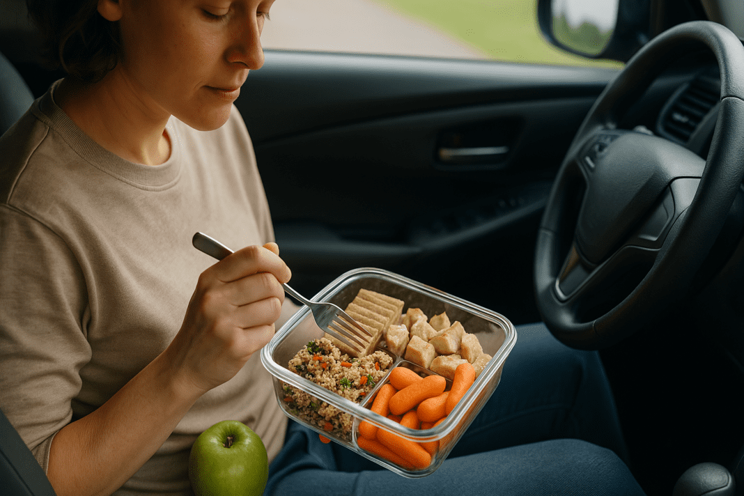 A person with light skin seated in the driver’s seat of a car, eating a healthy meal from a clear, compartmentalized container with whole wheat crackers, grilled chicken, quinoa salad, and baby carrots. A green apple rests on the seat beside them, with soft natural light highlighting the food and car interior.
