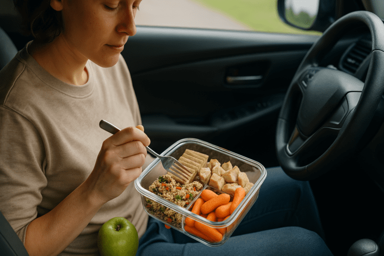 A person with light skin seated in the driver’s seat of a car, eating a healthy meal from a clear, compartmentalized container with whole wheat crackers, grilled chicken, quinoa salad, and baby carrots. A green apple rests on the seat beside them, with soft natural light highlighting the food and car interior.