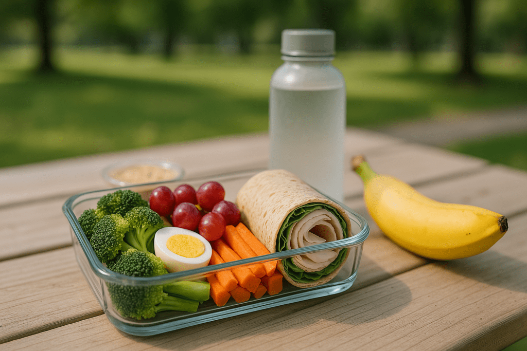 Healthy Road Trip Meals and Travel Lunch Ideas: Smart, Nutritious Choices for Eating Well on the Go 1 A glass meal prep container filled with fresh broccoli, carrots, grapes, a boiled egg, and a whole wheat wrap with turkey and lettuce is placed on a wooden picnic table. A banana and a bottle of water sit nearby, with a blurred green park in the background.