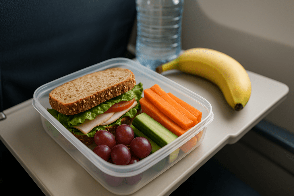 Healthy Road Trip Meals and Travel Lunch Ideas: Smart, Nutritious Choices for Eating Well on the Go 2 A glass meal prep container filled with fresh broccoli, carrots, grapes, a boiled egg, and a whole wheat wrap with turkey and lettuce is placed on a wooden picnic table. A banana and a bottle of water sit nearby, with a blurred green park in the background.