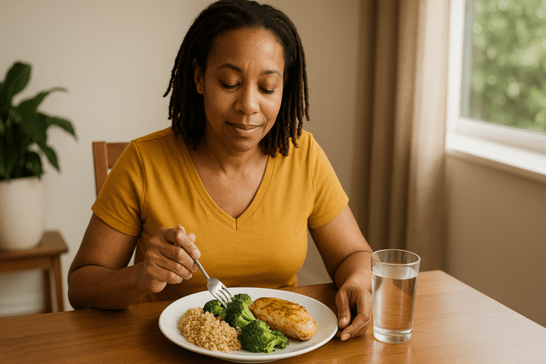 A middle-aged African-American woman with shoulder-length, dark brown dreadlocks sits at a wooden dining table enjoying a healthy meal. She is wearing a mustard-colored shirt and smiles gently while looking at her plate of grilled chicken, steamed broccoli, and quinoa. A glass of water is placed beside her. The room is softly lit with natural light, and a potted plant sits in the background near a window.