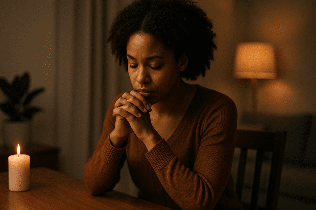 A young African-American woman with short, curly hair sits at a wooden table in a softly lit room. She clasps her hands gently near her face, her eyes downcast in quiet reflection. A candle flickers beside her, casting a warm glow, while a floor lamp in the background emits a soft ambient light. The muted tones of her cozy sweater and the simple decor create a serene atmosphere.