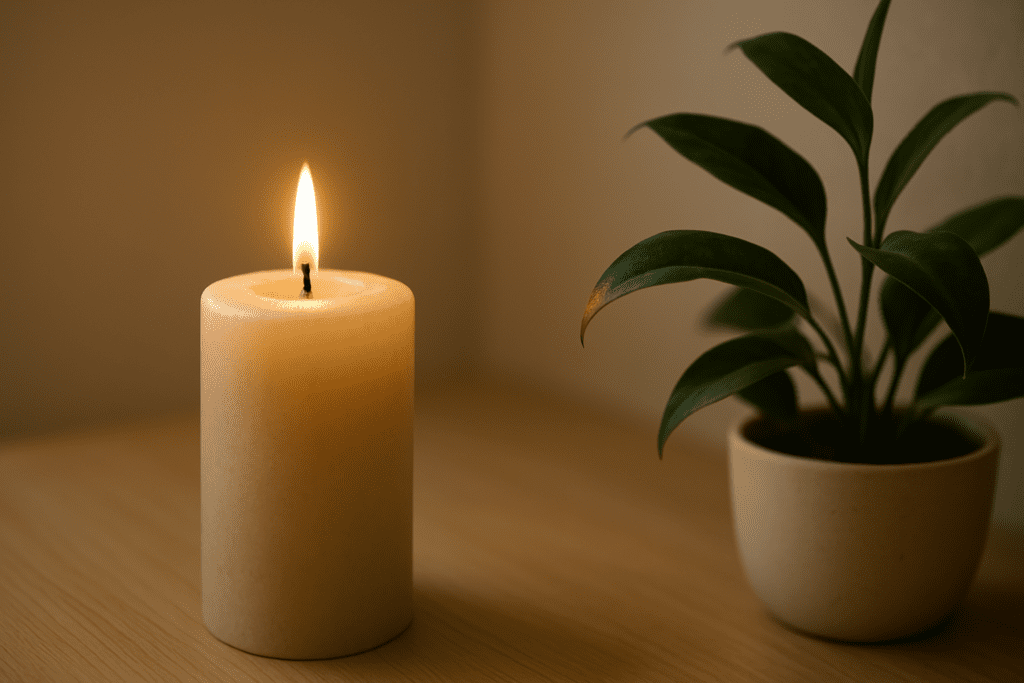 A lit beige pillar candle rests on a smooth, light wooden surface, its flame glowing softly. To the right of the candle, a lush green plant with pointed leaves sits in a simple off-white pot. The background features a softly blurred beige wall, contributing to the warm, peaceful ambiance of the scene.