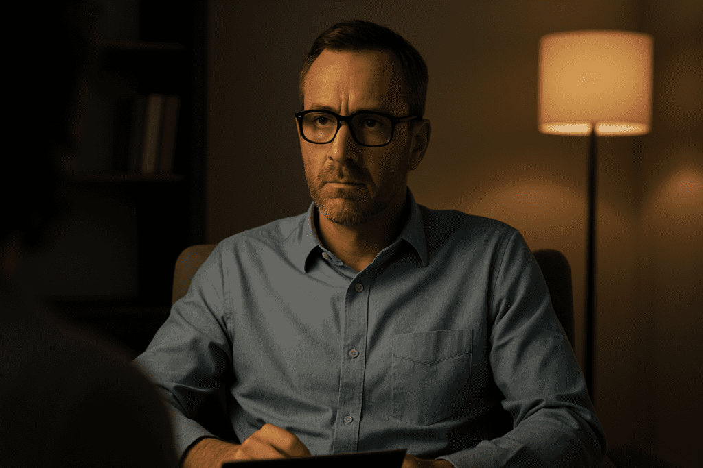 A middle-aged male therapist with light skin, short brown hair, and rectangular glasses sits attentively in an armchair during a therapy session. He wears a light blue button-up shirt and has a thoughtful expression as he listens. The room is dimly lit with a warm, moody glow, and a blurred figure of a client is visible in the foreground. A floor lamp and bookshelves create a cozy and professional environment.