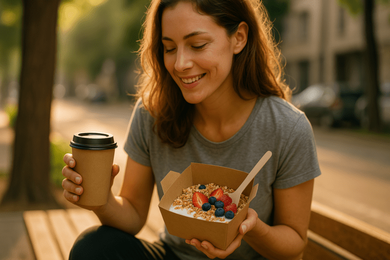 A young woman with fair skin enjoys a peaceful morning outdoors, sitting on a wooden bench and smiling while holding a coffee cup in one hand and a brown takeout container filled with yogurt, granola, and fresh fruit in the other. The setting is softly illuminated by natural morning light with a blurred tree-lined street in the background.