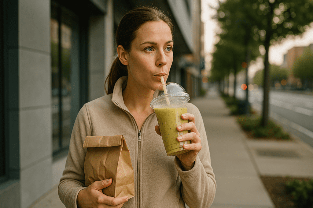 A young woman with light skin and brown hair drinks a vibrant yellow-green smoothie from a transparent cup while holding a crumpled paper bag in her other hand. Dressed in a beige fleece jacket, she stands outside a modern building with a blurred urban environment of concrete and trees in the background, softly illuminated by ambient daylight.