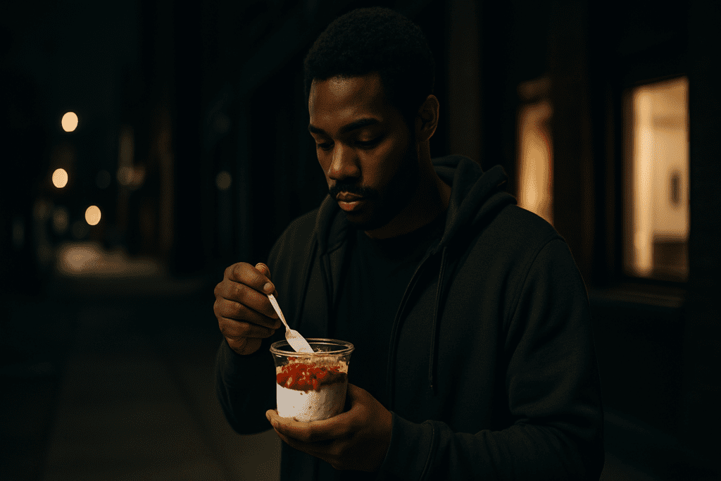 Captured at nighttime, a young African American man with short curly hair and facial hair eats a healthy takeaway breakfast of yogurt, granola, and strawberries while standing on a quiet urban sidewalk. Dressed in a gray hoodie, he is illuminated by cool atmospheric streetlights and the warm glow from a nearby storefront, with the blurred city background fading into the night.
