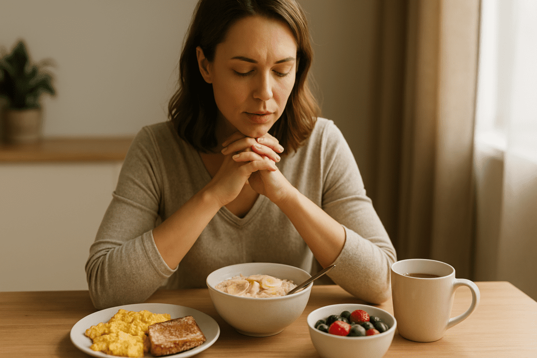 A serene, high-resolution photo captures a woman in her early 30s enjoying breakfast in a cozy, sunlit kitchen. She sits at a light wooden table with her hands clasped, surrounded by oatmeal, scrambled eggs, toast, and fresh berries in a minimalist space.