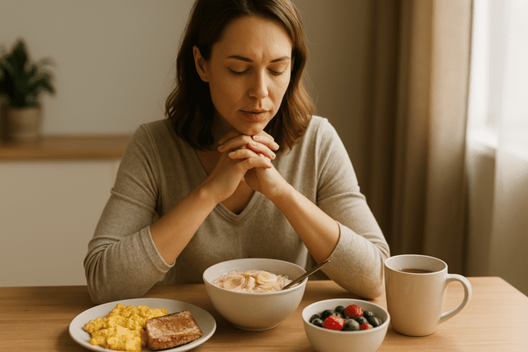 A serene, high-resolution photo captures a woman in her early 30s enjoying breakfast in a cozy, sunlit kitchen. She sits at a light wooden table with her hands clasped, surrounded by oatmeal, scrambled eggs, toast, and fresh berries in a minimalist space.
