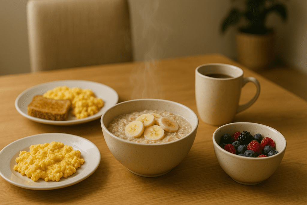 This close-up shot highlights a cozy breakfast scene on a wooden table, featuring a bowl of oatmeal with banana slices, scrambled eggs, toasted bread, a bowl of berries, and a steaming mug of hot beverage, set against a soft, neutral background.