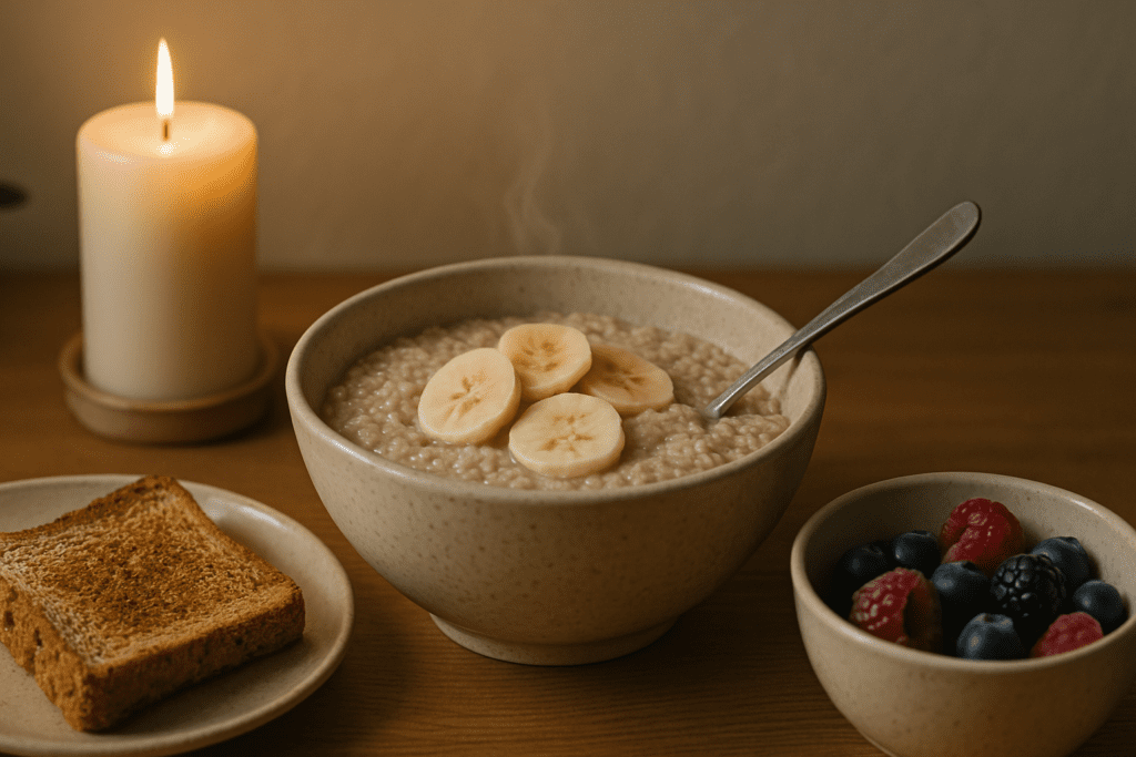 A high-definition photograph showcases a warm breakfast spread with a lit candle, oatmeal topped with bananas, whole-grain toast, and fresh berries on a wooden table. The setting includes soft lighting and a potted plant in the background.
