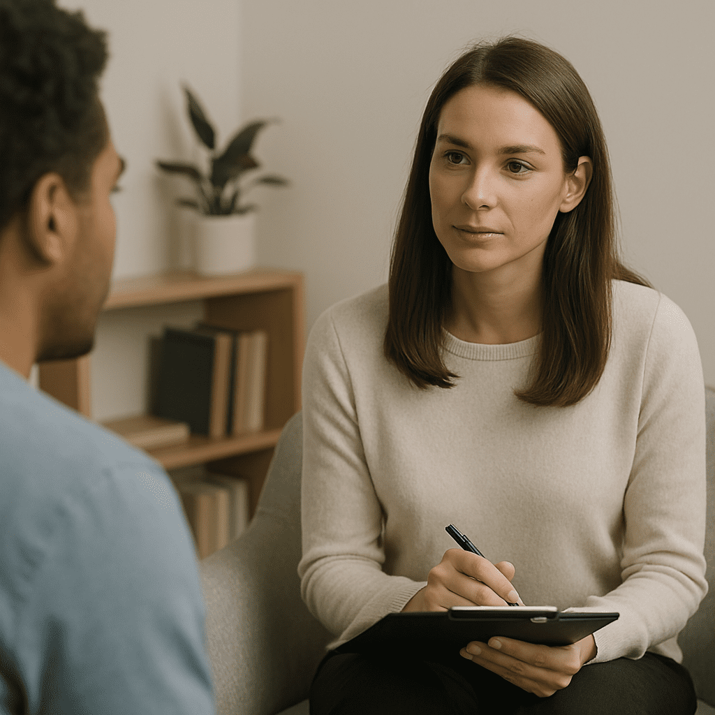 A photograph captures a therapy session between a female therapist in a light gray armchair and her male client. The therapist holds a clipboard and maintains calm eye contact in a clean, minimalist office with a bookshelf and a potted plant in the background.