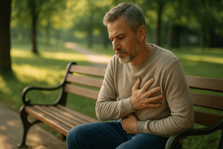 A middle-aged man with salt-and-pepper hair sits alone on a wooden bench in a sunlit park during the early morning, gently resting his hand over his chest in a moment of deep reflection. The serene greenery and warm sunlight frame the scene, symbolizing the importance of mindful lifestyle changes for reversing arterial plaque and promoting heart health naturally