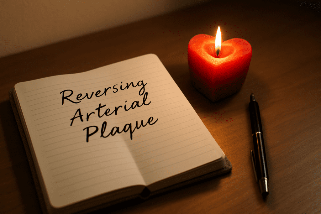A journal titled "Reversing Arterial Plaque" lies open on a smooth wooden surface, accompanied by a lit heart-shaped candle emitting a soft, golden glow. A black ballpoint pen rests nearby, symbolizing the commitment to adopting evidence-based strategies to cleanse arteries and support cardiovascular health.