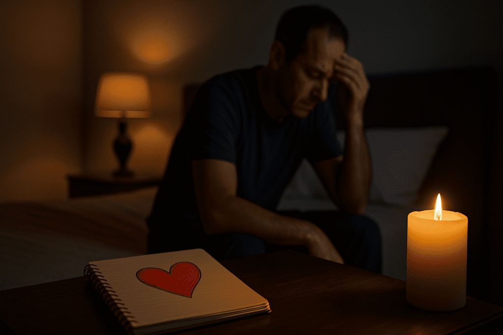 A dimly lit bedroom at night features a spiral notebook on a wooden bedside table, displaying a heart illustration split into red and yellow halves. A man sits quietly on the bed, illuminated by the warm light of a nearby lamp, reflecting on lifestyle adjustments to naturally reverse years of arterial plaque buildup.