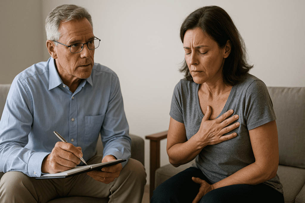 An older male therapist, seated in a minimalist clinical room, listens attentively to a distressed female patient who sits hunched over with her hands pressed to her chest. The soft ambient lighting highlights the emotional exchange, emphasizing the role of emotional well-being and stress management in supporting heart health and reducing arterial plaque.