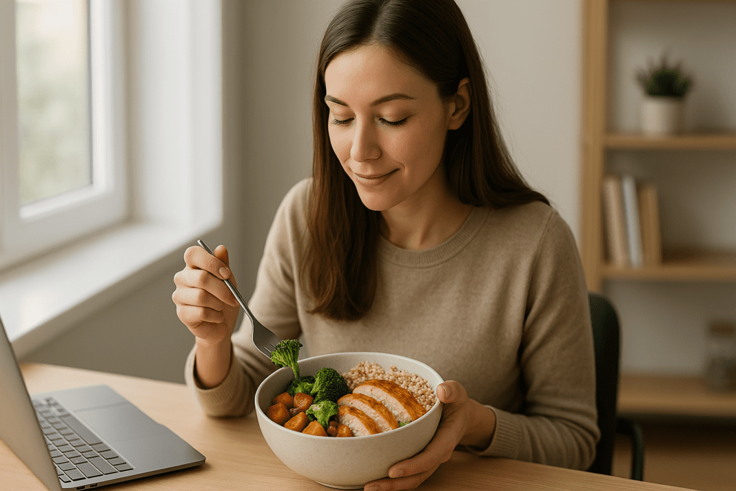 A young woman with chestnut hair enjoys a healthy hot lunch of chicken, broccoli, and rice at her modern office desk with natural sunlight filtering in.