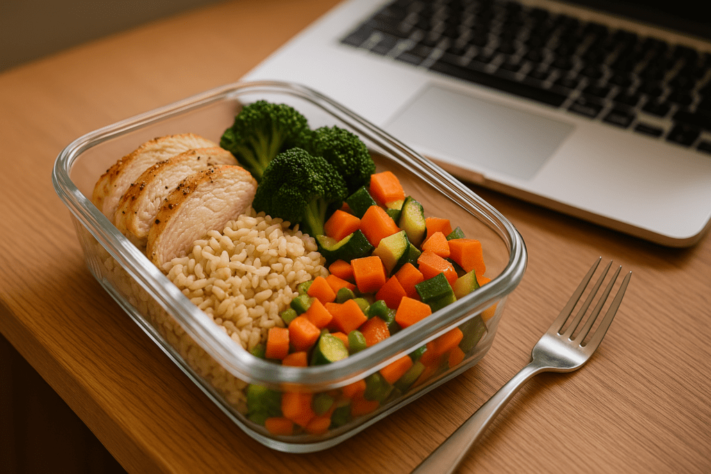 A glass meal prep container filled with grilled chicken, brown rice, broccoli, and mixed vegetables sits neatly on a wooden desk next to a laptop.