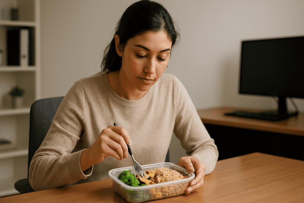 A focused woman in a beige sweater eats a balanced meal from a plastic container during her lunch break at a clean, quiet office.