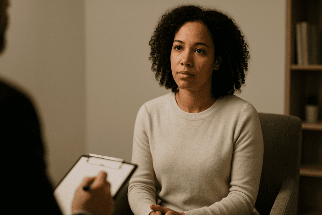An Afro-Latina woman sits in a soft-lit therapy room, listening attentively with a thoughtful expression while a therapist’s clipboard is visible in the foreground.