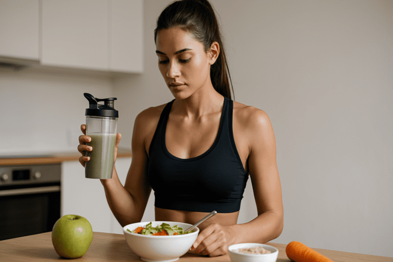 A fit young woman in a minimalist kitchen, holding a green smoothie while looking at a fresh salad bowl on the countertop. The neutral background and soft natural lighting emphasize a clean, healthy lifestyle.