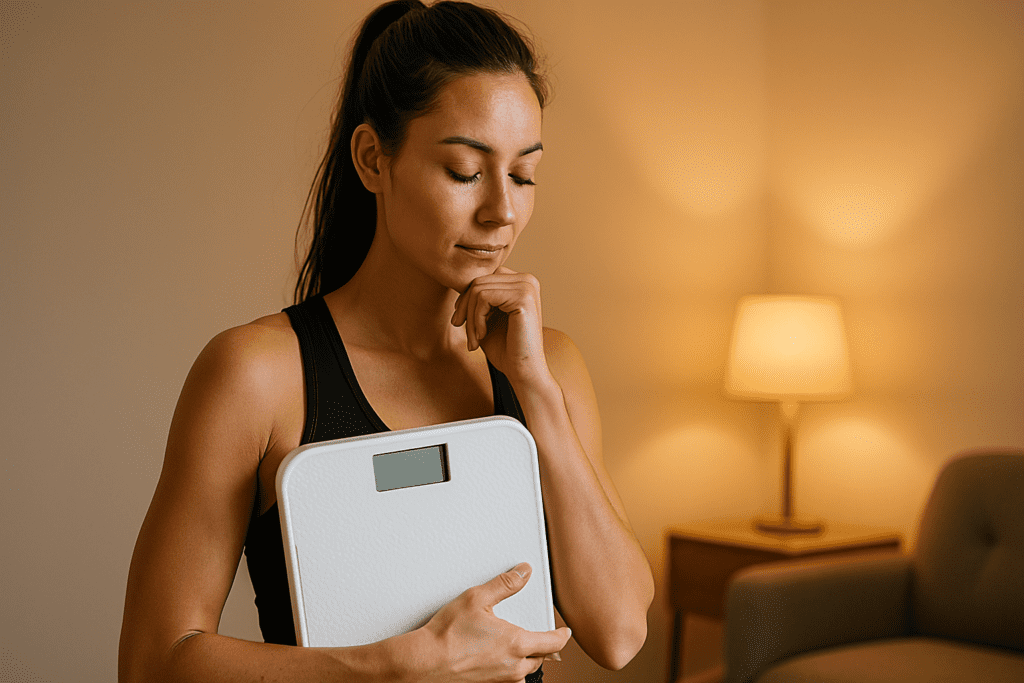 Smart Nutrition Strategies for Women: The Best Way to Burn Fat Fast and Support a Healthier Lifestyle 1 A contemplative woman in athletic attire holds a digital bathroom scale close to her body while reflecting thoughtfully. The cozy, softly lit living room in the background adds a calm, introspective mood.