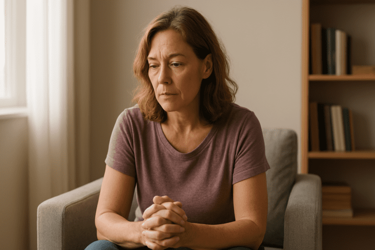 Middle-aged woman with light brown, graying hair sitting on a gray sofa, hands clasped, looking thoughtful in a softly lit room with a neutral background