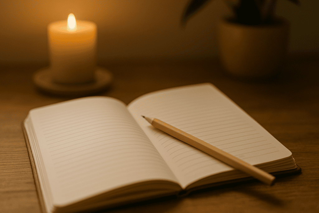 Open notebook with a sharpened pencil resting diagonally across its lined pages, softly illuminated by a candle’s glow, with a potted plant adding a touch of greenery in the background.