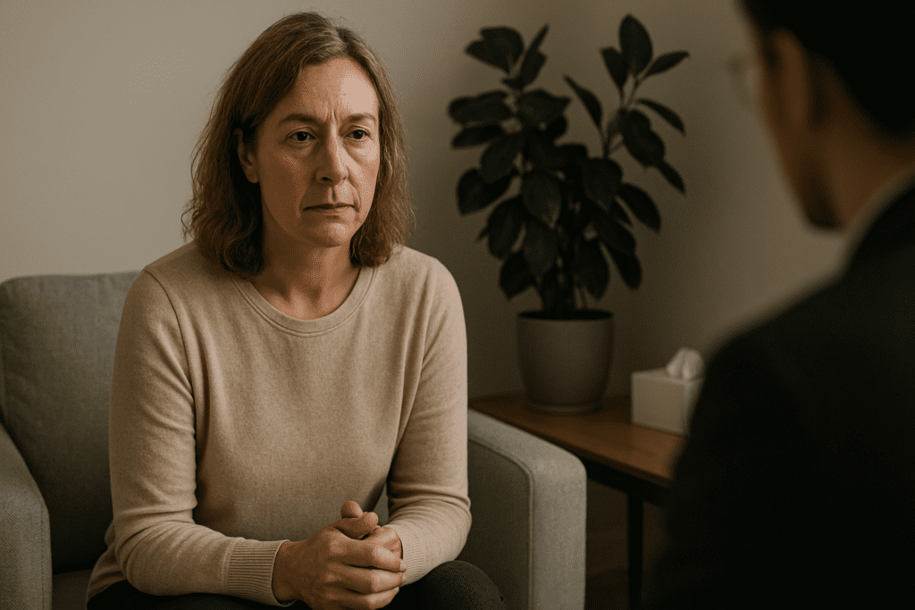 Middle-aged woman in a beige sweater sitting in a therapist’s chair, hands clasped, attentively listening during a therapy session in a softly lit, neutral-colored room with a wooden desk and potted plant in the background.