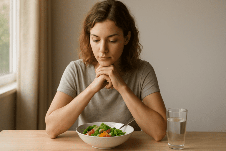 A young woman with wavy brown hair sits at a wooden table with her hands clasped under her chin, gazing thoughtfully at a fresh salad bowl filled with vibrant vegetables. Natural light streams in through a nearby window, creating a serene, calm atmosphere. A glass of water is placed beside the salad.