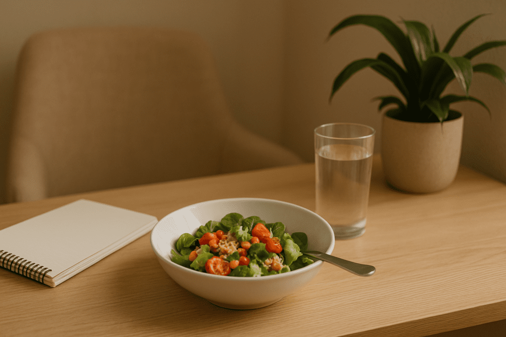 A bowl of colorful salad with cherry tomatoes, corn, and leafy greens sits on a light wooden table. A glass of water, a blank notebook, and a potted green plant are placed nearby. The background features a beige armchair, adding to the quiet, minimalist ambiance.