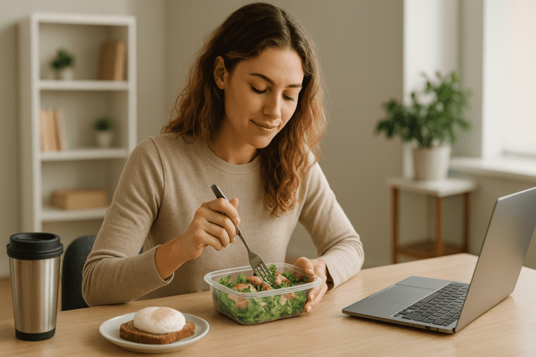A young woman with wavy light brown hair eats a healthy salad at her work desk, bathed in soft morning light with a laptop and a reusable coffee mug nearby.