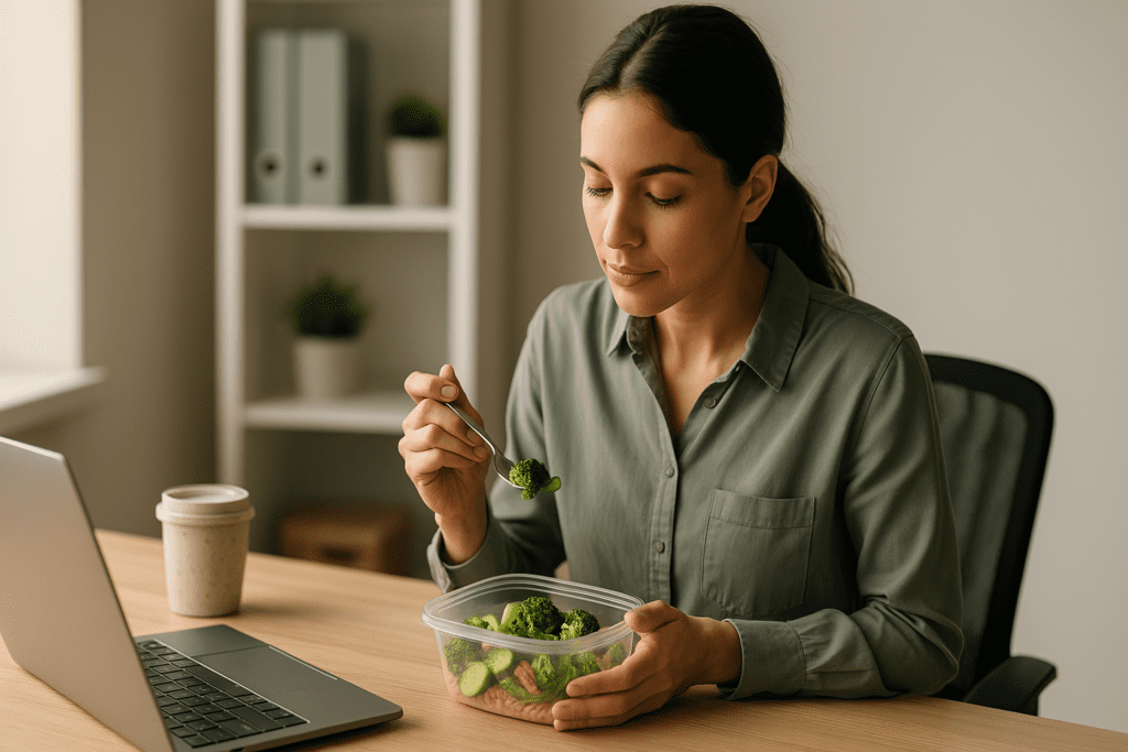 A woman in a green shirt sits at her desk eating a lunch of fresh vegetables from a container, soft daylight from the window creating a calm work atmosphere.
